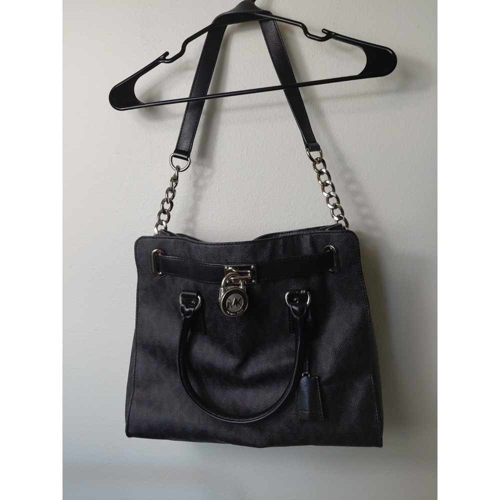 MICHAEL KORS Hamilton Saffiano Satchel Medium Black Leather Silver Accents